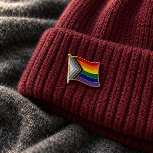 Könnte beinhalten: Eine bordeauxrote, gerippte Strickmütze mit einer kleinen Metall-Emaille-Anstecknadel in Form einer wehenden Flagge. Das Flaggendesign enthält die Progress-Pride-Farben mit horizontalen Streifen in Rot, Orange, Gelb, Grün, Blau und Violett sowie einem Chevron.