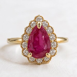 Genuine 14k Gold Ruby Wedding Ring: Vintage Style Diamond Halo Ring July Birthstone Gift