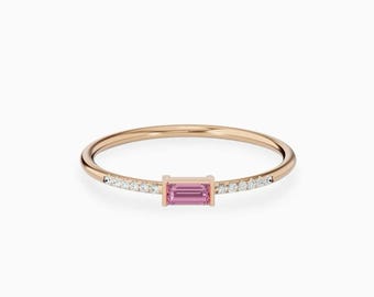 Zarte Rosa Saphir mit Diamant Band: 14k Rose Gold Stacking Dünner Ring September Geburtsstein