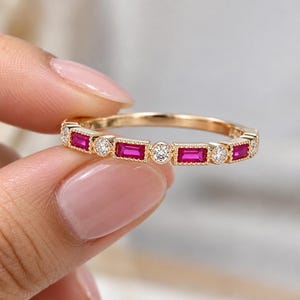 Natural Ruby & Diamond Eternity Wedding Band: 14k Gold Baguette Ring, Dainty Stackable Ring, Gift