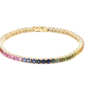 14K Gold Rainbow Sapphire Tennis Bracelet: Dainty Gradient Colorful Beaded Bracelet, Anniversary Gift