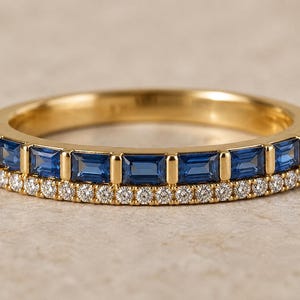 Blue Sapphire & Diamond Eternity Band: 14K Gold Baguette Ring September Birthstone Stackable Wedding Band