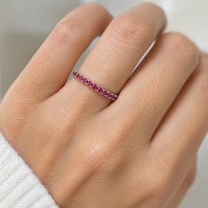 14k White Gold Natural Ruby Wedding Band: Half Eternity Ring Handmade Stackable Ring Gift
