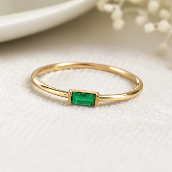 14k Gold Thin Emerald Band: Delicate Baguette Dainty Promise Ring May Birthstone Gift