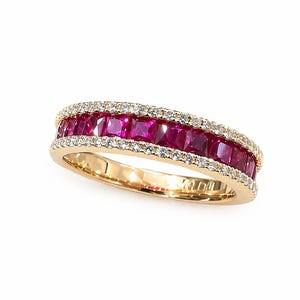 Genuine Ruby With Diamond Wedding Band: 14k Gold Half Eternity July Birthstone Stackable Ring