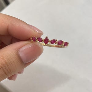 14k Gold Genuine Ruby Half Eternity Wedding Ring: Dainty Handmade Bridal Stacking Ring, Gift