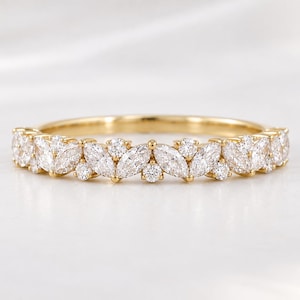 14k Gold Marquise Moissanite Half Eternity Wedding Band: Minimalist Stacking Anniversary Ring, Bridal Ring
