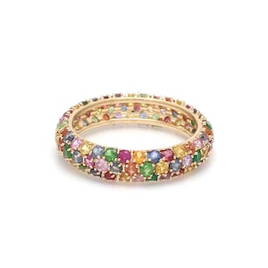 Echter Multi Saphir Stapelring: 14k Gold Regenbogen Voll Eternity Band