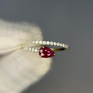 14k Gold Ruby Diamond Ring: Pear Halo, Vintage Style Minimalist Ring