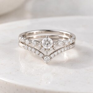 14K White Gold Moissanite Bridal Ring Set: Curved Wedding Band, Matching Stacking Ring Gift