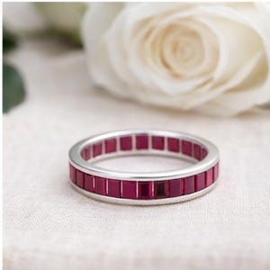 Real Ruby Eternity Wedding Band: 14k White Gold Baguette Red Gemstone Stackable Ring