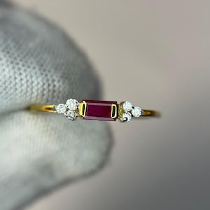 Genuine Ruby Dainty Baguette Stacking Ring: 14k Gold Minimalist Wedding Ring