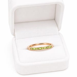 Dainty Peridot Baguette Ring: 14k Rose Gold Stackable Wedding Ring August Birthstone Gift