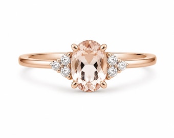Genuine Morganite Engagement Ring: 14k Rose Gold Diamond Halo Peach Gemstone Gift For Wife