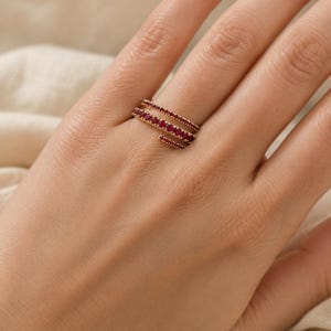 14k Gold Natural Ruby Half Eternity Wedding Band: Dainty Stacking Handmade Anniversary Ring, Gift