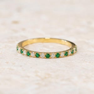 Genuine Emerald And Diamond Wedding Band: 14k Gold Dainty Half Eternity May Birthstone Ring