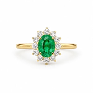 Dainty Emerald Halo Ring: 14k Gold Diamond Cluster Engagement Ring May Birthstone Anniversary Gift