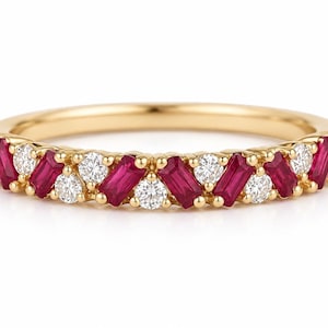 14k Gold Ruby & Diamond Ring: Vintage Half Eternity Micro Pave Baguette Cut Anniversary Gift