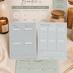 May include: A kitchen inventory bundle featuring three printable PDF pages for fridge, freezer, and pantry organization. The documents include sections for dates, restock days, and categorized food lists with checkboxes, all presented in a clean layout.