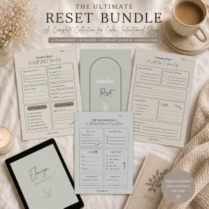 May include: A digital planner bundle titled The Ultimate Reset Bundle, featuring four printable pages with sections for morning, evening, and daily homemaking routines. The set includes a tablet displaying the Elowyn Collective logo and text.