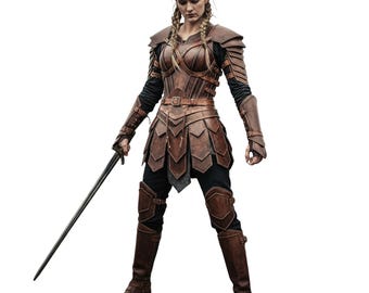 Armadura de cuero vikinga hecha a mano - Disfraz de guerrera medieval escudera - Armadura de cazadora para LARP - Atuendo de cosplay de fantasía