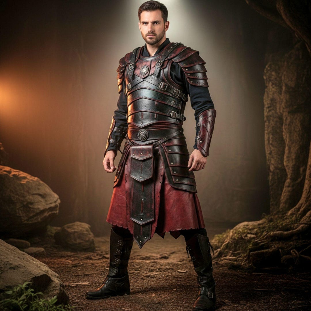 Crimson & Black Leather Warrior Armor - Medieval LARP Cosplay Costume ...