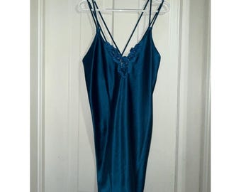 Vintage Women's size medium Teal Satin Slip Dress Lace Trim night gown sleep