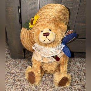 NWT brass button bears Cathy Sunflower Straw Hat plush stuffed animal summer