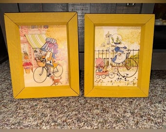 vintage 1970s Holly Hobbie framed print Bicycle Wall Art (Set of 2) bonnet sprin