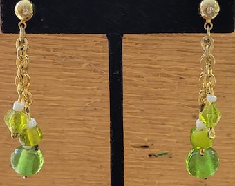 Handmade Vintage Green Glass and Gold Chain Dangle Post Earrings
