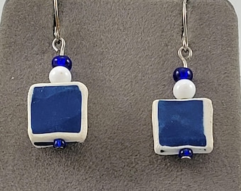 Handmade Blue & White Polymer Clay Square Earrings for July 4th