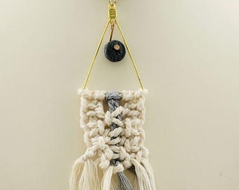 Handmade BoHo White & Gray Macrame Necklace with Lava Rock Bead and Gold Chain