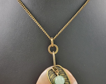 Peach Quartz Stone Necklace with Aventurine Beads and Bronze Tone Accents and Chain