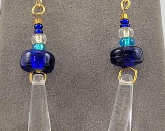 Two Tone Blue Glass Beaded Earrings with Clear Glass Dangles