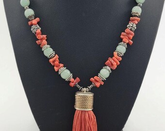 Vintage Coral, Sterling and Aventurine Necklace With Silk Tassel & Earrings Set