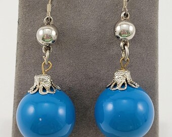 Groovy Vintage Blue Bead & Silver Earrings with Sterling Ear Hooks