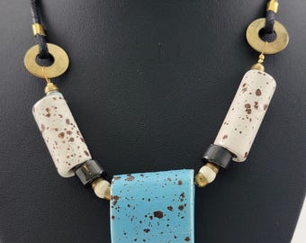 Beachy BoHo Necklace with Blue, White and Black Ceramic Beads and Brass Accents