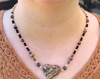 One of a Kind Leopard Jasper, Hematite and Agate Necklace with Heart Shaped Focal