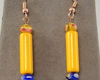 Colorful Yellow and Millefiore Glass Beaded Earrings