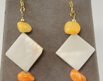 Beachy and Colorful Mother of Pearl and Stone Nugget Earrings with Gold Hooks