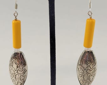 Yellow Glass Cylinder and Etched Antique Silver Beaded Earrings
