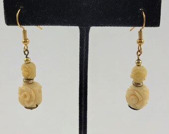 Vintage Carved Faux Ivory Beaded Earrings with Gold Accents