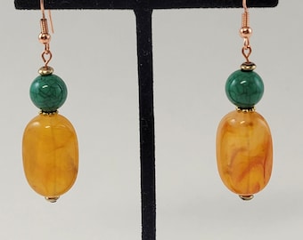 Colorful Amber and Teal Green Acrylic Bead Earrings with Copper Ear Hooks