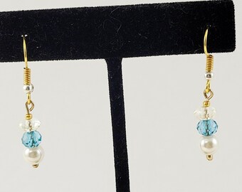 Four (4) Pairs of Pearl, Blue & Clear Faceted Crystal and Gold Bead Earrings