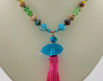 Blue, Green and Peacock Sparkling Glass Bead Necklace and Earrings with Pink Tassel Focal