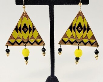 One of a Kind, Upcycled Art Deco Style Yellow and Black Enameled Earrings