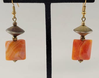 Mod Geometric Banded Carnelian Earrings with Gold Plated Accents