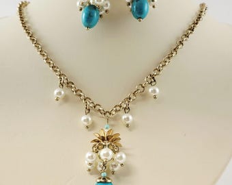 Mid-Century or Indian Style Turquoise, Pearl, Crystal and Gold Necklace and Earring Set