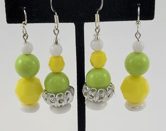 Two (2) Pair 70's Inspired Vintage Green, Yellow and White Acrylic Bead Earrings