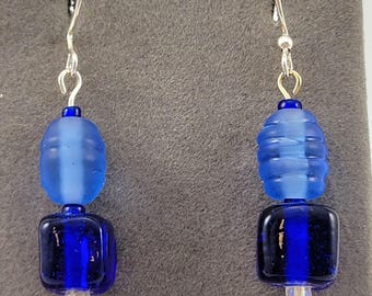 Geometric Two-Tone, Two Shape Blue Glass Earrings with Silver Ear Hooks
